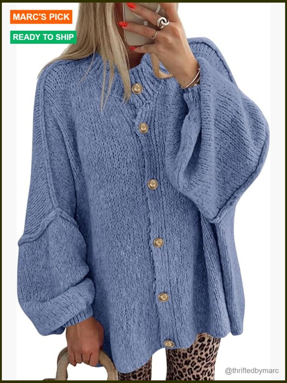 Chunky Knit Oversized Cardigan Sweater with Lantern Sleeves